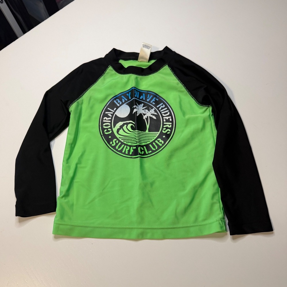 OshKosh Bgosh Boys 4T Rash Guard Long Sleeve Green Black Coral Bay Surf Riders